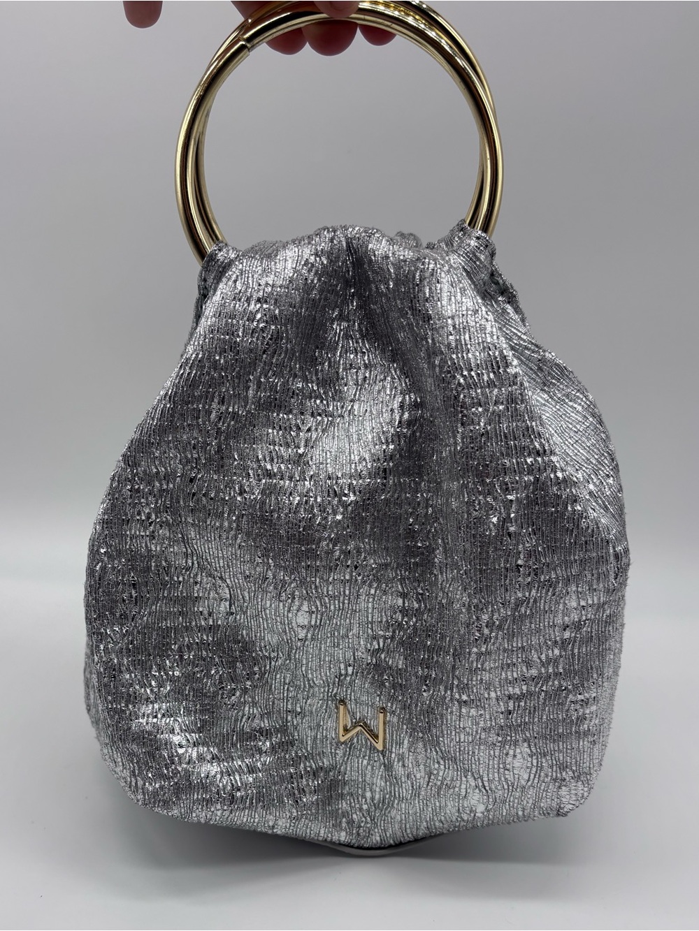 House of Want Metallic Silver Pleated Dumpling Clutch Pouch Bag - 11x7in